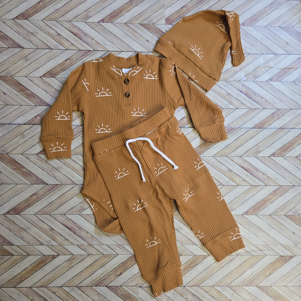 Baby Boy Girl Sun Print Ribbed Long Sleeve Onesie Pants Beanie Lounge Set 12-18M